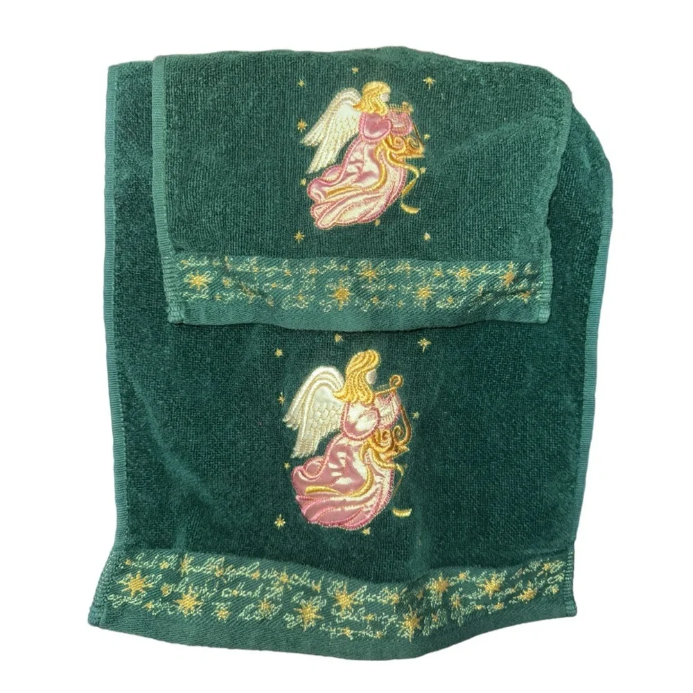 Vintage Christmas Embroidered Wash Towel Wash Cloth Set Holiday Angel Green Gold